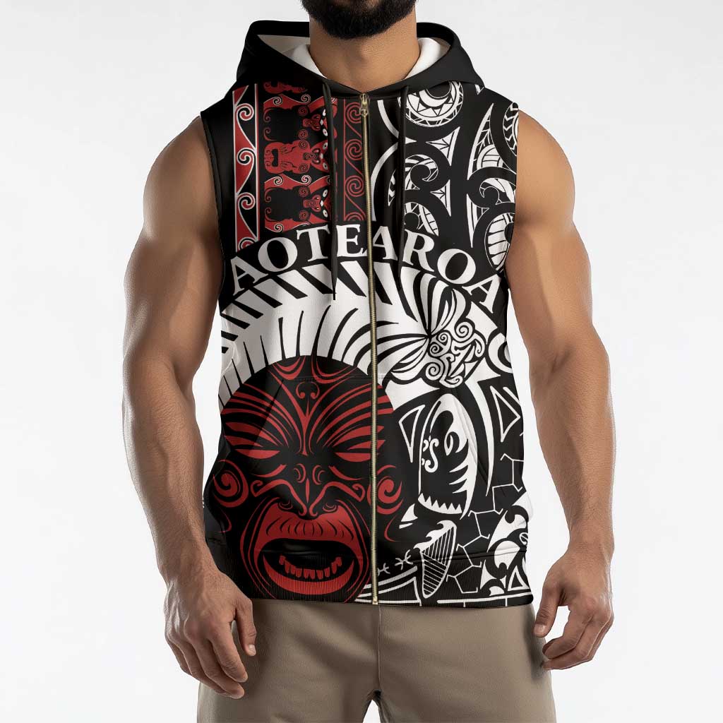Honour The Treaty New Zealand Personalised Sleeveless Zip Hoodie Toitu Te Tiriti Indigenous Maori Face - Polynesian Pride