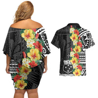 Samoa Tribal Hibiscus Flowers Couples Matching Off Shoulder Short Dress and Hawaiian Shirt