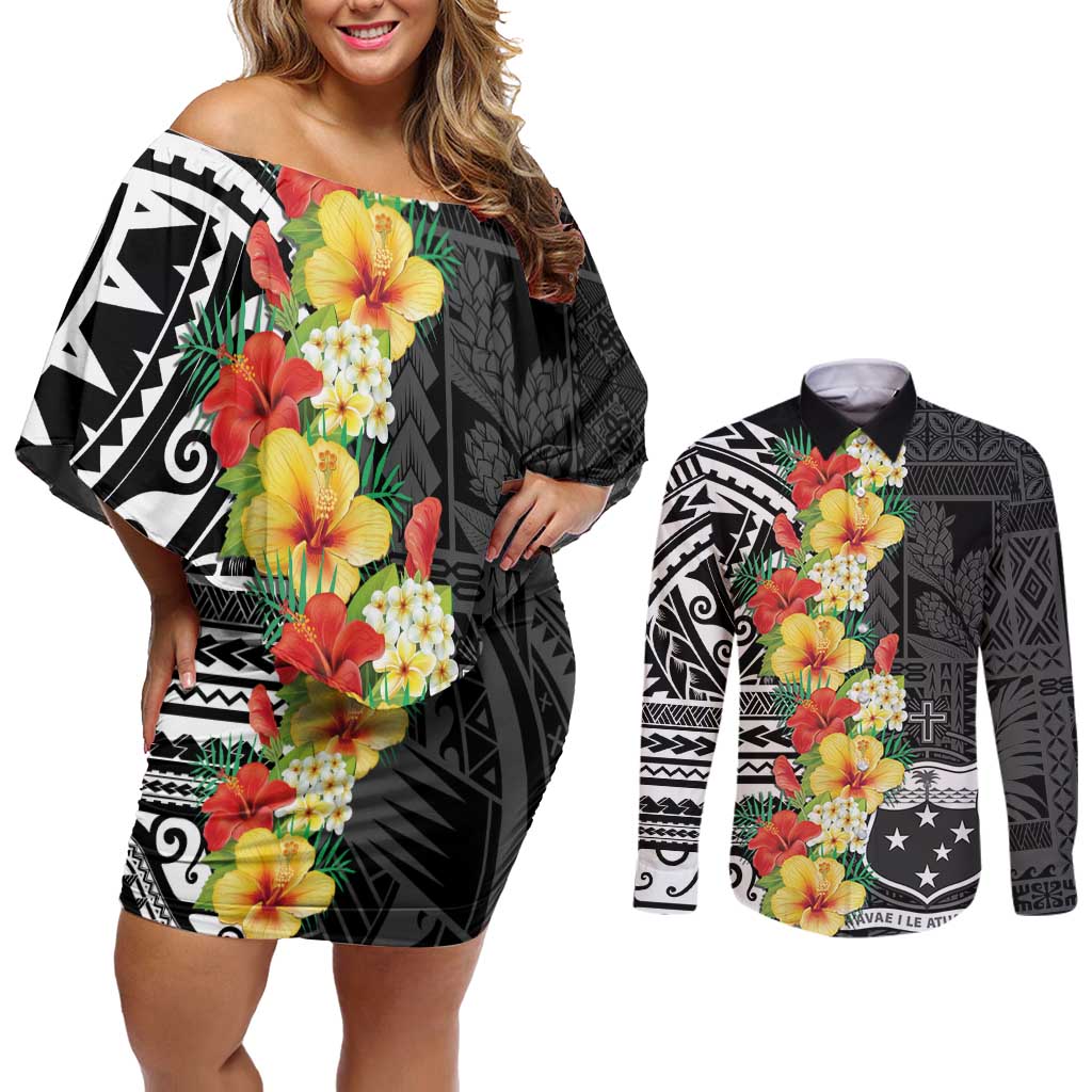 Samoa Tribal Hibiscus Flowers Couples Matching Off Shoulder Short Dress and Long Sleeve Button Shirt