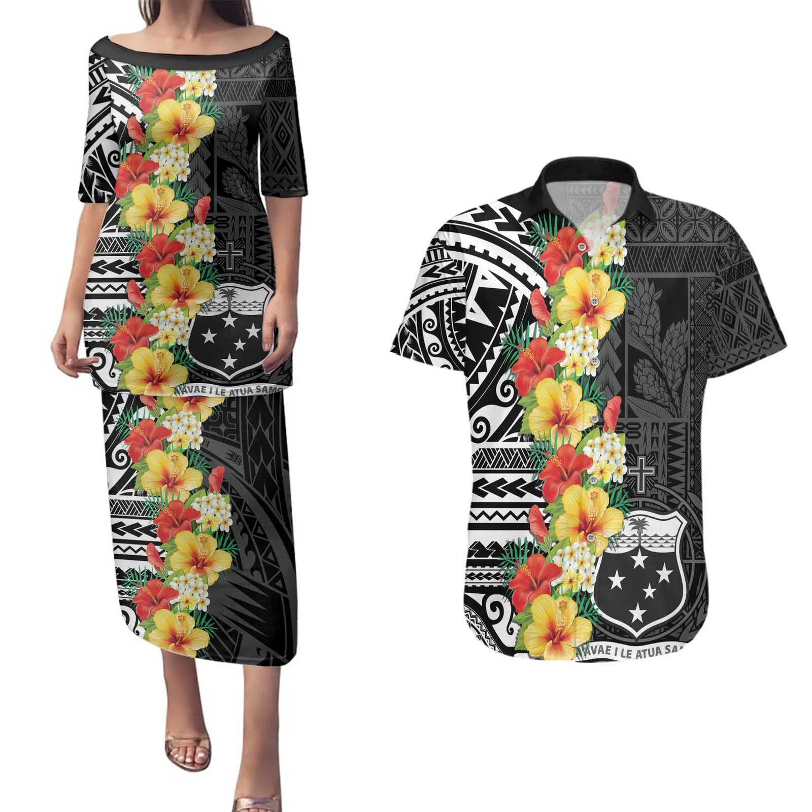 Samoa Tribal Hibiscus Flowers Couples Matching Puletasi and Hawaiian Shirt