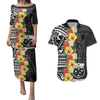 Samoa Tribal Hibiscus Flowers Couples Matching Puletasi and Hawaiian Shirt
