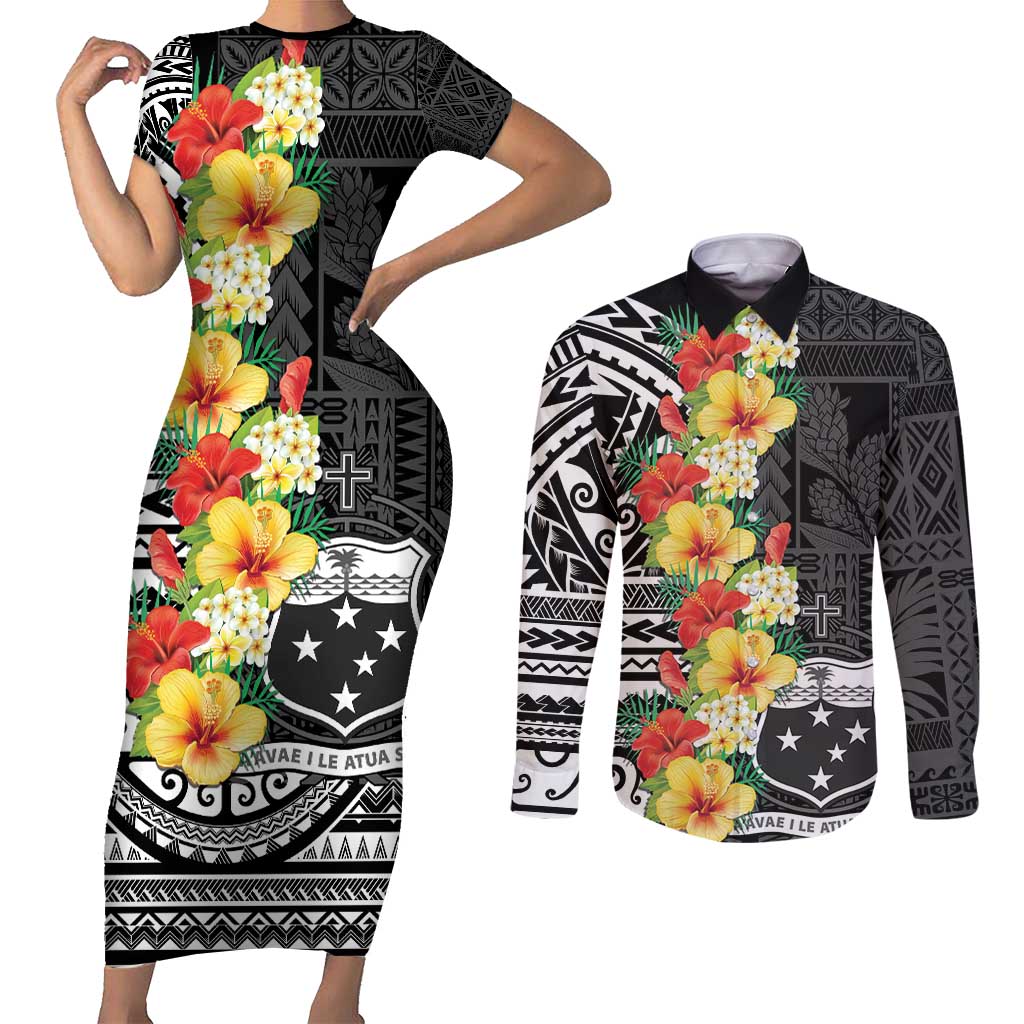 Samoa Tribal Hibiscus Flowers Couples Matching Short Sleeve Bodycon Dress and Long Sleeve Button Shirt