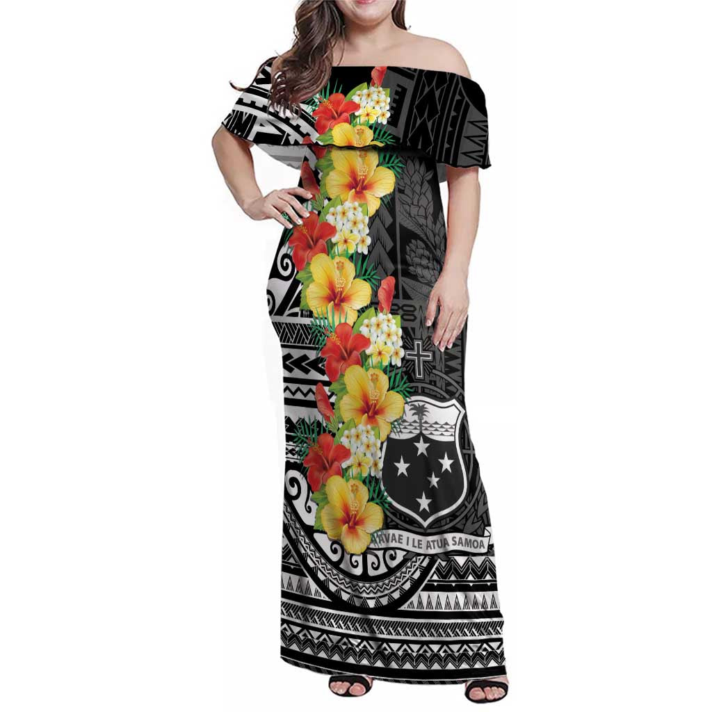 Samoa Tribal Hibiscus Flowers Family Matching Off Shoulder Maxi Dress and Hawaiian Shirt