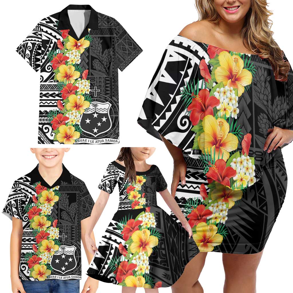 Samoa Tribal Hibiscus Flowers Family Matching Off Shoulder Short Dress and Hawaiian Shirt
