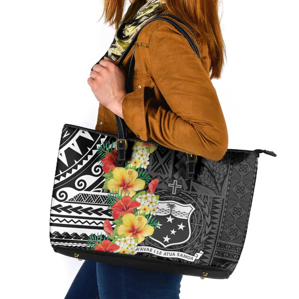 Samoa Tribal Hibiscus Flowers Leather Tote Bag