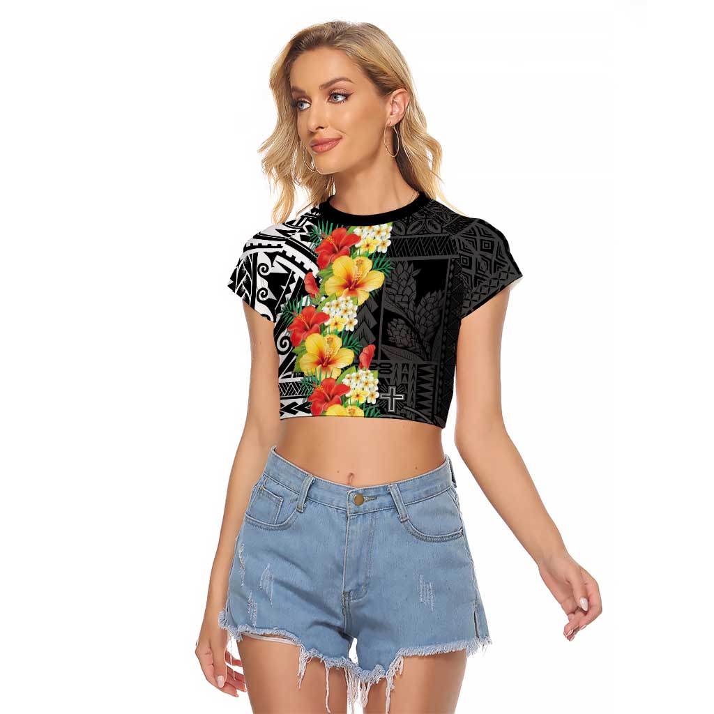 Samoa Tribal Hibiscus Flowers Raglan Cropped T Shirt