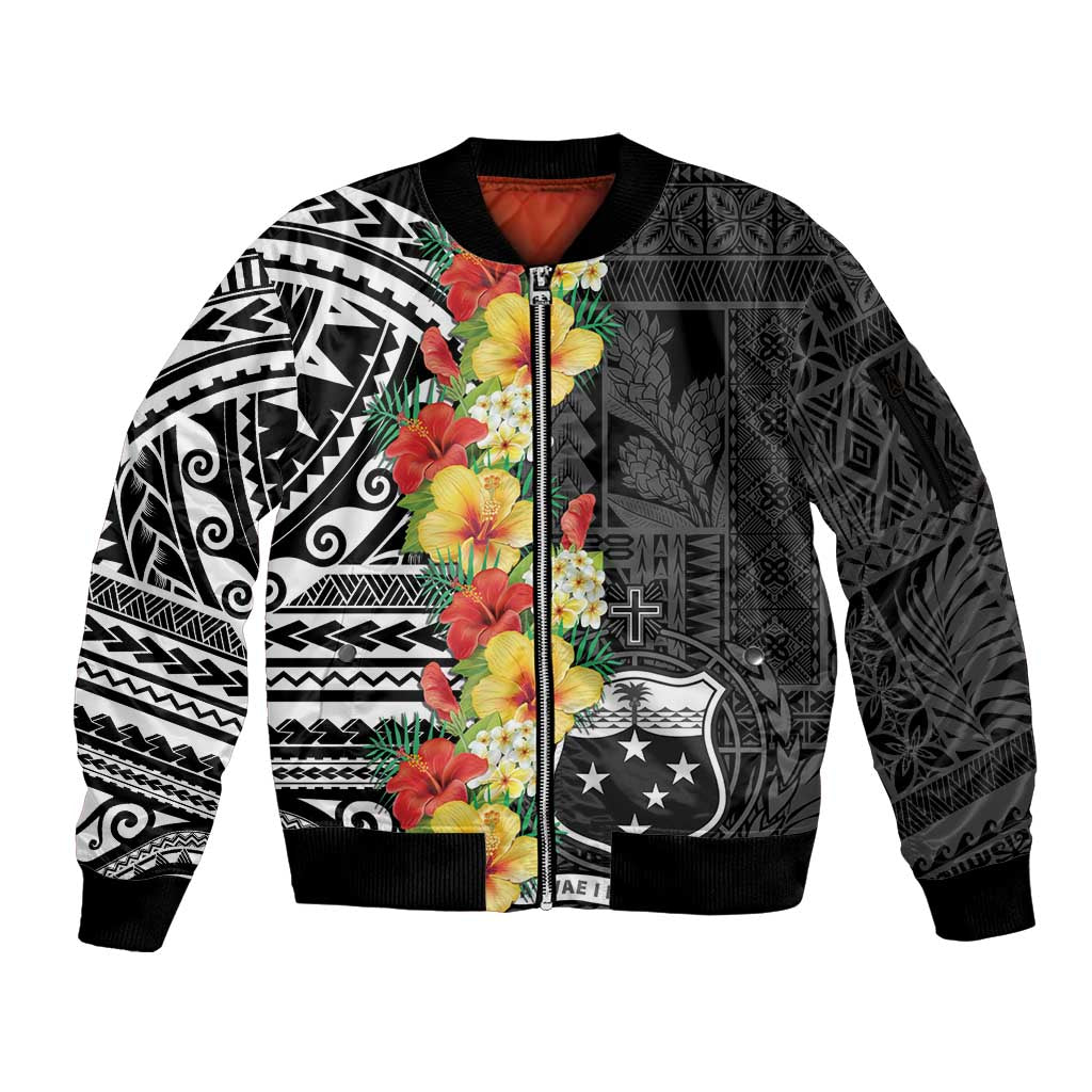 Samoa Tribal Hibiscus Flowers Sleeve Zip Bomber Jacket