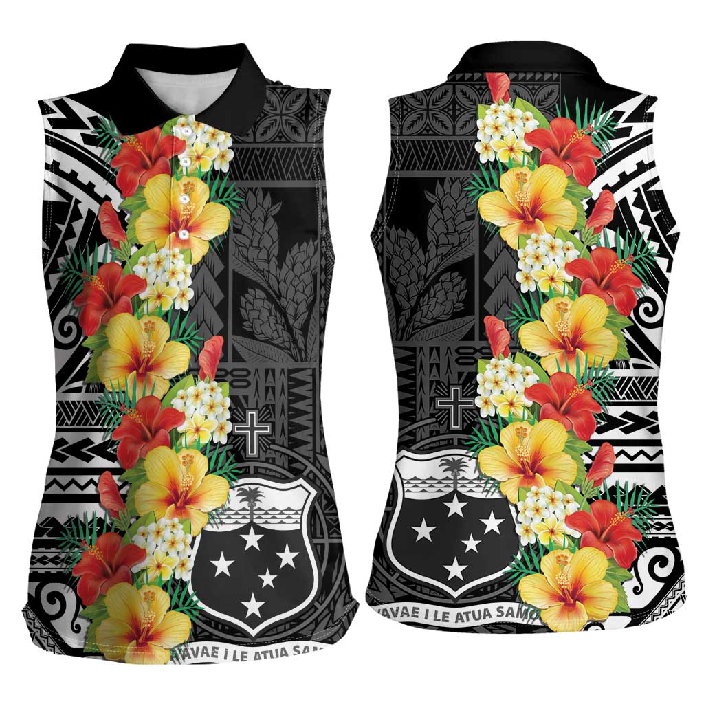 Samoa Tribal Hibiscus Flowers Women Sleeveless Polo Shirt