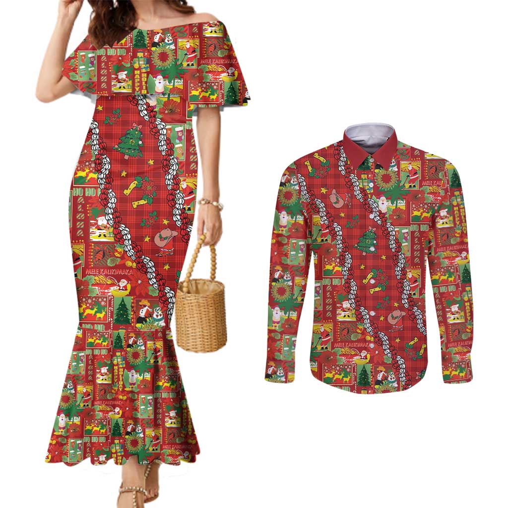 Mele Kalikimaka Pakalana Pikake Lei Couples Matching Mermaid Dress and Long Sleeve Button Shirt Hawaiian Rodeo Paniolo Omaomao Palaka - Polynesian Pride