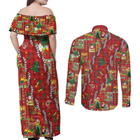 Mele Kalikimaka Pakalana Pikake Lei Couples Matching Off Shoulder Maxi Dress and Long Sleeve Button Shirt Hawaiian Rodeo Paniolo Omaomao Palaka - Polynesian Pride
