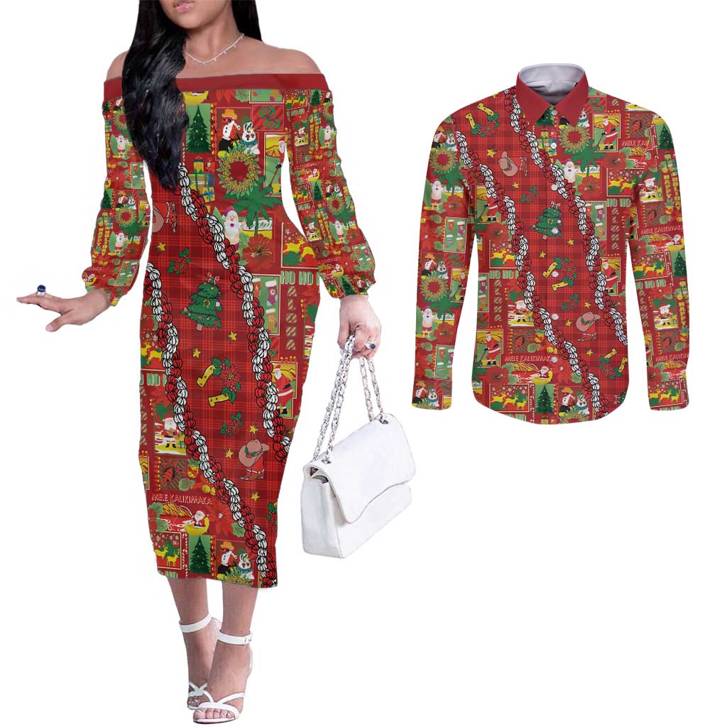 Mele Kalikimaka Pakalana Pikake Lei Couples Matching Off The Shoulder Long Sleeve Dress and Long Sleeve Button Shirt Hawaiian Rodeo Paniolo Omaomao Palaka - Polynesian Pride