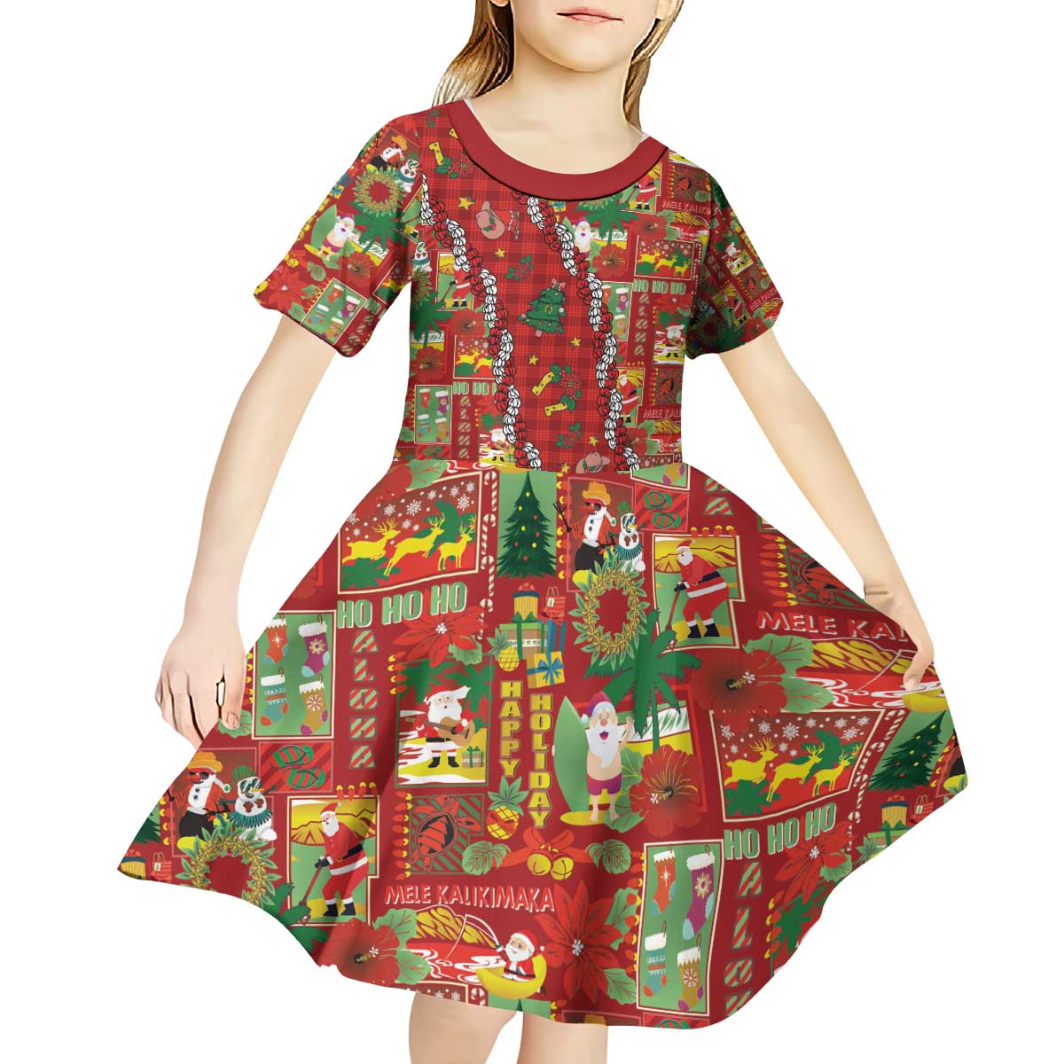 Mele Kalikimaka Pakalana Pikake Lei Kid Short Sleeve Dress Hawaiian Rodeo Paniolo Omaomao Palaka - Polynesian Pride