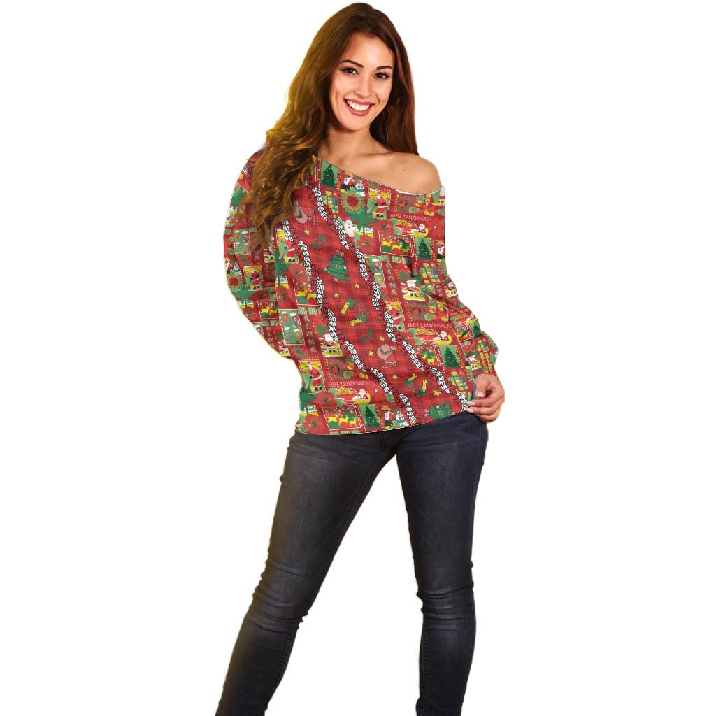Mele Kalikimaka Pakalana Pikake Lei Off Shoulder Sweater Hawaiian Rodeo Paniolo Omaomao Palaka - Polynesian Pride