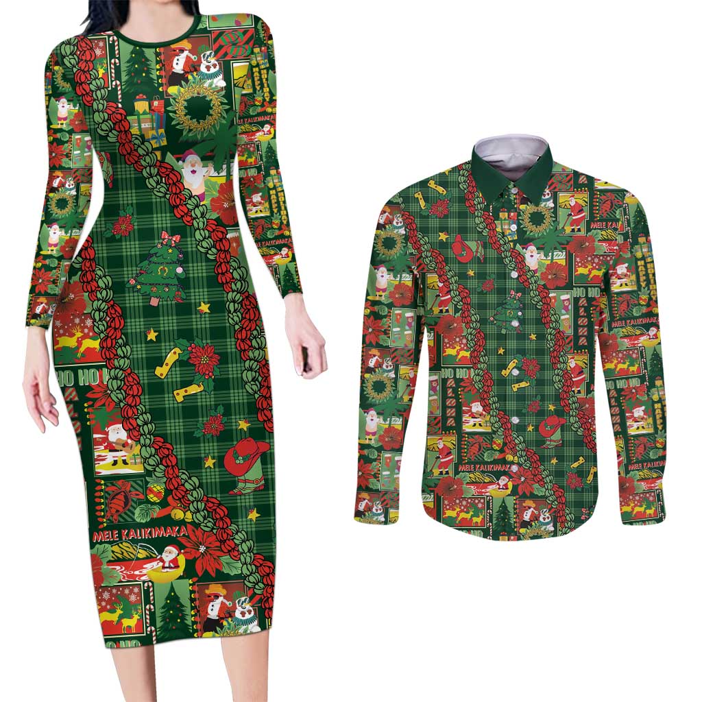 Mele Kalikimaka Pakalana Pikake Lei Couples Matching Long Sleeve Bodycon Dress and Long Sleeve Button Shirt Hawaiian Rodeo Paniolo Ulaula Palaka - Polynesian Pride