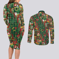 Mele Kalikimaka Pakalana Pikake Lei Couples Matching Long Sleeve Bodycon Dress and Long Sleeve Button Shirt Hawaiian Rodeo Paniolo Ulaula Palaka - Polynesian Pride