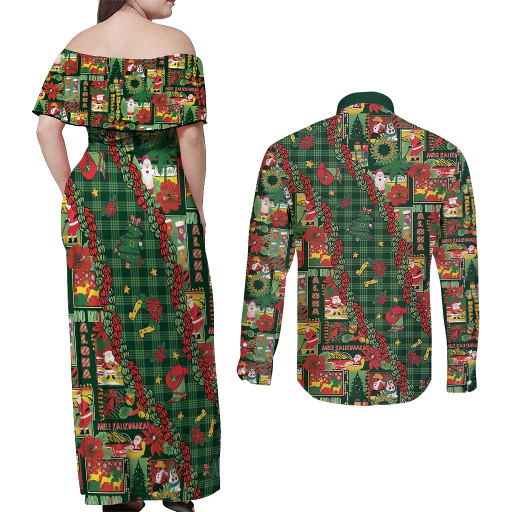 Mele Kalikimaka Pakalana Pikake Lei Couples Matching Off Shoulder Maxi Dress and Long Sleeve Button Shirt Hawaiian Rodeo Paniolo Ulaula Palaka - Polynesian Pride