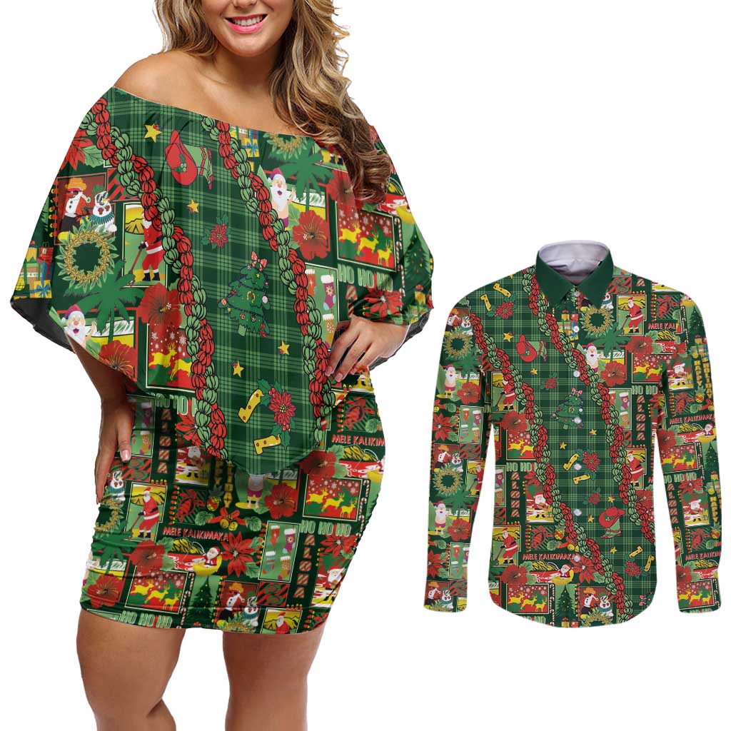 Mele Kalikimaka Pakalana Pikake Lei Couples Matching Off Shoulder Short Dress and Long Sleeve Button Shirt Hawaiian Rodeo Paniolo Ulaula Palaka - Polynesian Pride