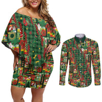 Mele Kalikimaka Pakalana Pikake Lei Couples Matching Off Shoulder Short Dress and Long Sleeve Button Shirt Hawaiian Rodeo Paniolo Ulaula Palaka - Polynesian Pride