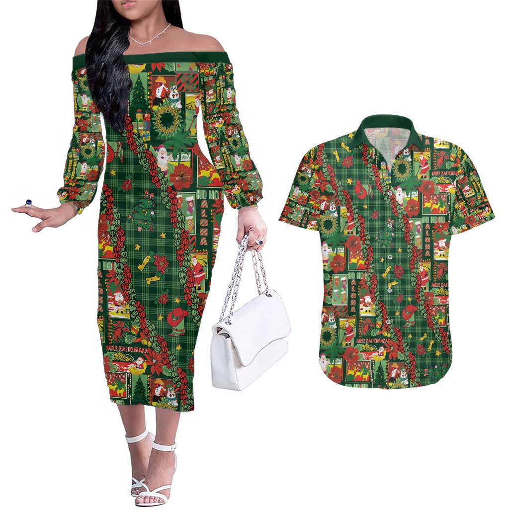 Mele Kalikimaka Pakalana Pikake Lei Couples Matching Off The Shoulder Long Sleeve Dress and Hawaiian Shirt Hawaiian Rodeo Paniolo Ulaula Palaka - Polynesian Pride