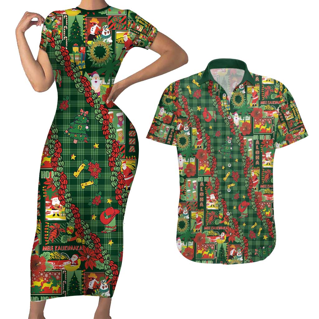 Mele Kalikimaka Pakalana Pikake Lei Couples Matching Short Sleeve Bodycon Dress and Hawaiian Shirt Hawaiian Rodeo Paniolo Ulaula Palaka - Polynesian Pride