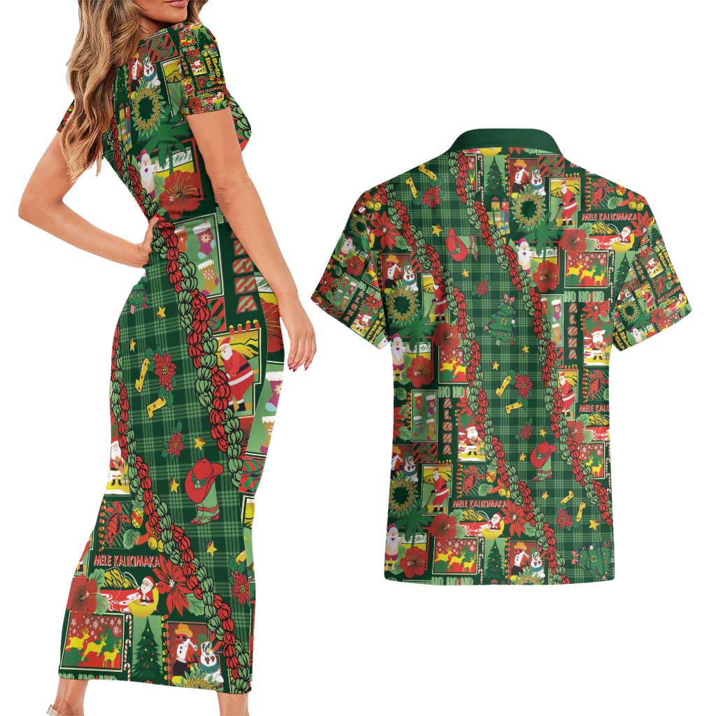 Mele Kalikimaka Pakalana Pikake Lei Couples Matching Short Sleeve Bodycon Dress and Hawaiian Shirt Hawaiian Rodeo Paniolo Ulaula Palaka - Polynesian Pride