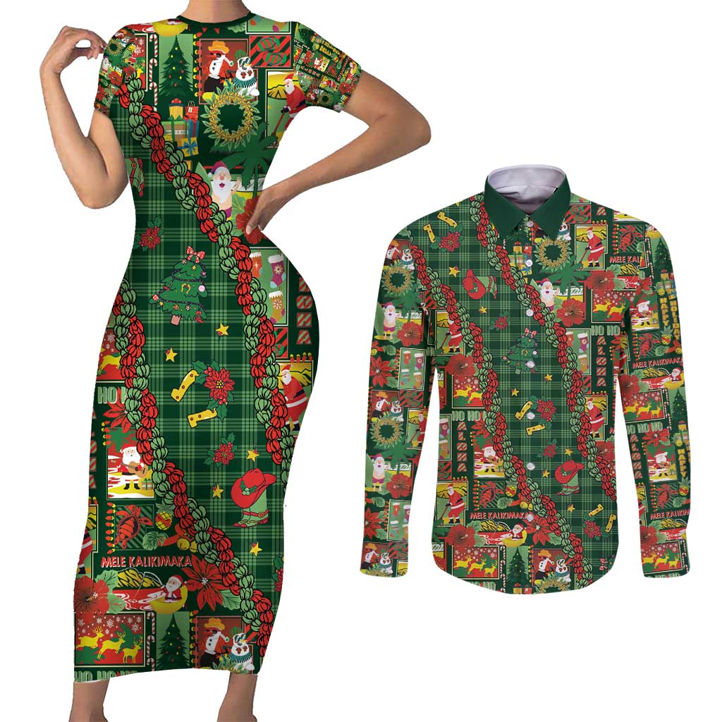 Mele Kalikimaka Pakalana Pikake Lei Couples Matching Short Sleeve Bodycon Dress and Long Sleeve Button Shirt Hawaiian Rodeo Paniolo Ulaula Palaka - Polynesian Pride