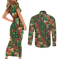 Mele Kalikimaka Pakalana Pikake Lei Couples Matching Short Sleeve Bodycon Dress and Long Sleeve Button Shirt Hawaiian Rodeo Paniolo Ulaula Palaka - Polynesian Pride
