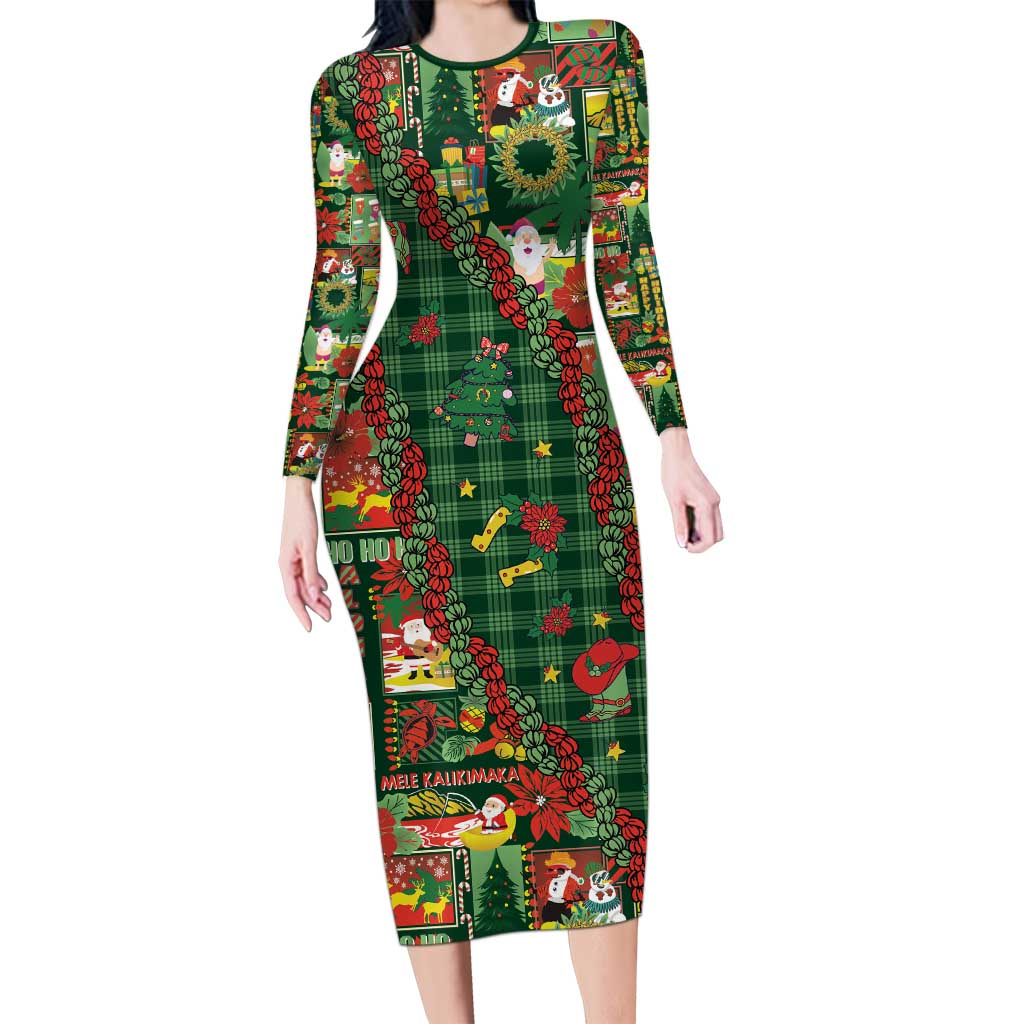 Mele Kalikimaka Pakalana Pikake Lei Long Sleeve Bodycon Dress Hawaiian Rodeo Paniolo Ulaula Palaka - Polynesian Pride