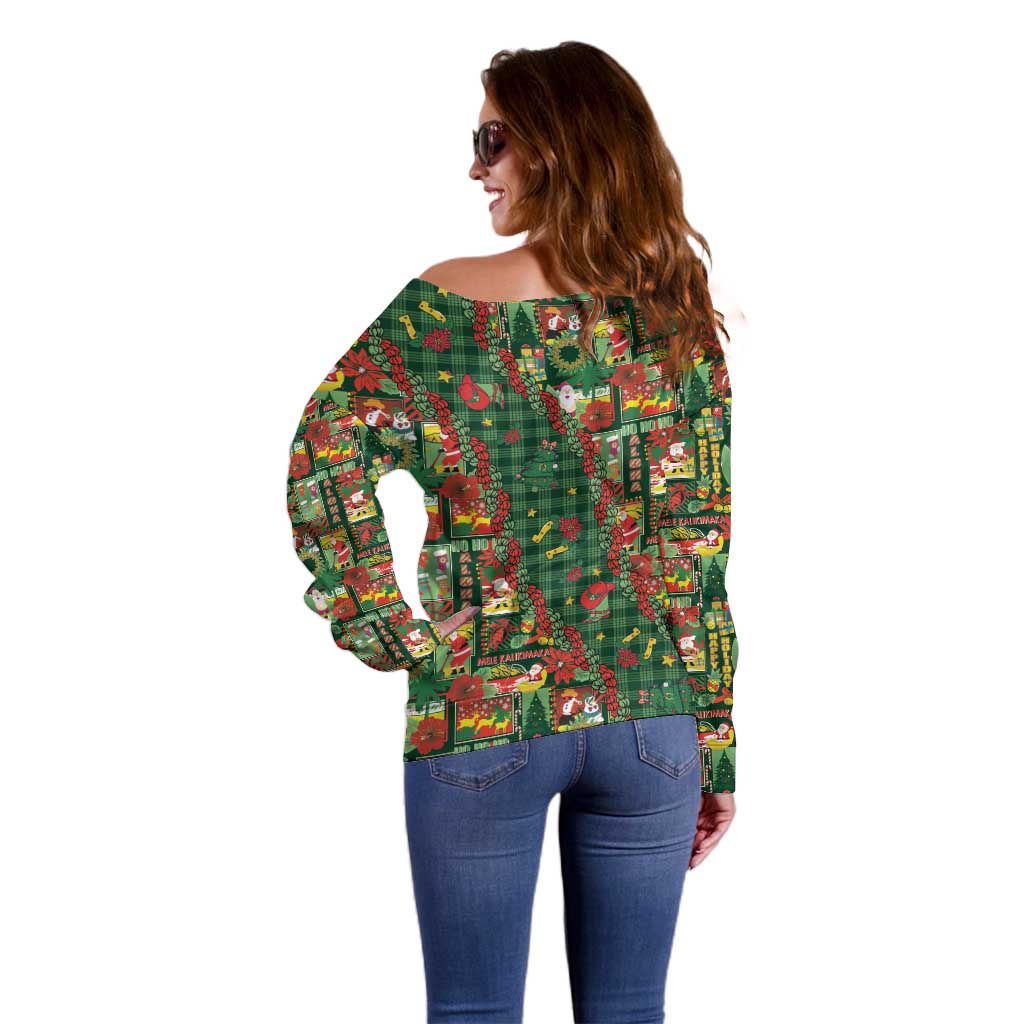 Mele Kalikimaka Pakalana Pikake Lei Off Shoulder Sweater Hawaiian Rodeo Paniolo Ulaula Palaka - Polynesian Pride