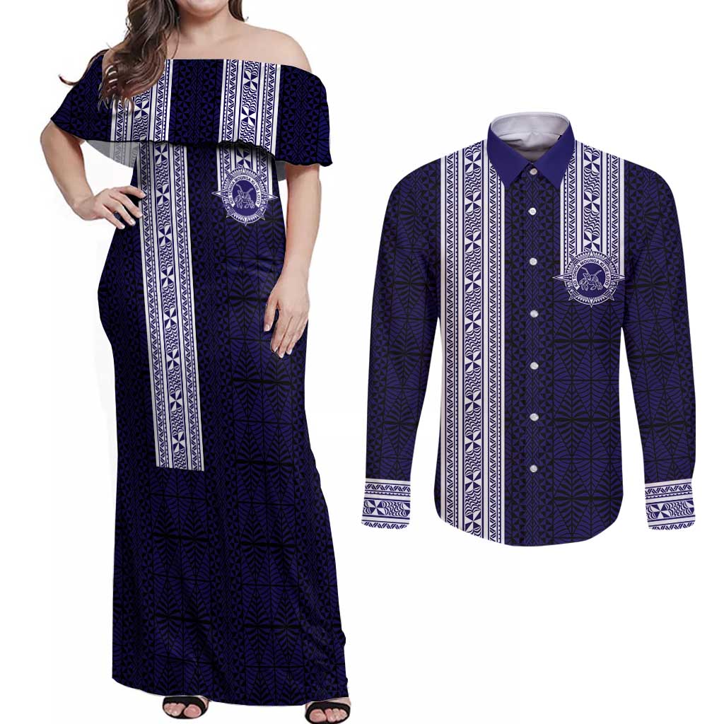 Tonga Queen Salote College 100 years Couples Matching Off Shoulder Maxi Dress and Long Sleeve Button Shirt QSC 1926-2026 Tongan Pattern LT9 Blue - Polynesian Pride
