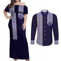 Tonga Queen Salote College 100 years Couples Matching Off Shoulder Maxi Dress and Long Sleeve Button Shirt QSC 1926-2026 Tongan Pattern LT9 Blue - Polynesian Pride