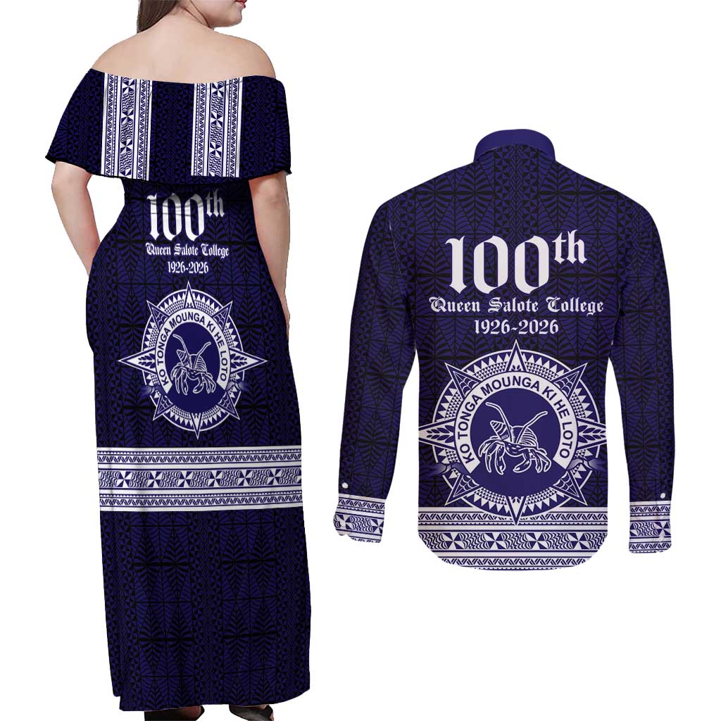 Tonga Queen Salote College 100 years Couples Matching Off Shoulder Maxi Dress and Long Sleeve Button Shirt QSC 1926-2026 Tongan Pattern LT9 - Polynesian Pride