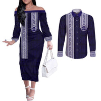 Tonga Queen Salote College 100 years Couples Matching Off The Shoulder Long Sleeve Dress and Long Sleeve Button Shirt QSC 1926-2026 Tongan Pattern LT9 Blue - Polynesian Pride