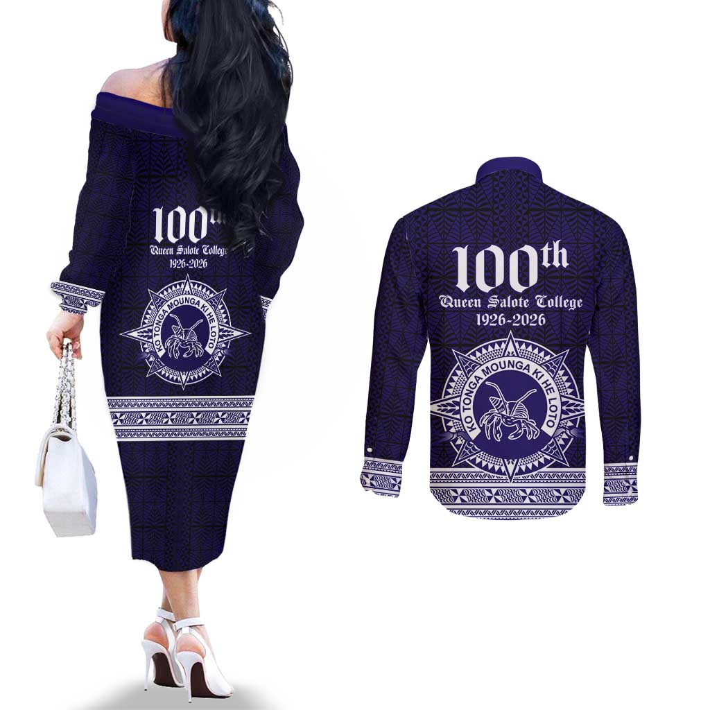 Tonga Queen Salote College 100 years Couples Matching Off The Shoulder Long Sleeve Dress and Long Sleeve Button Shirt QSC 1926-2026 Tongan Pattern LT9 - Polynesian Pride