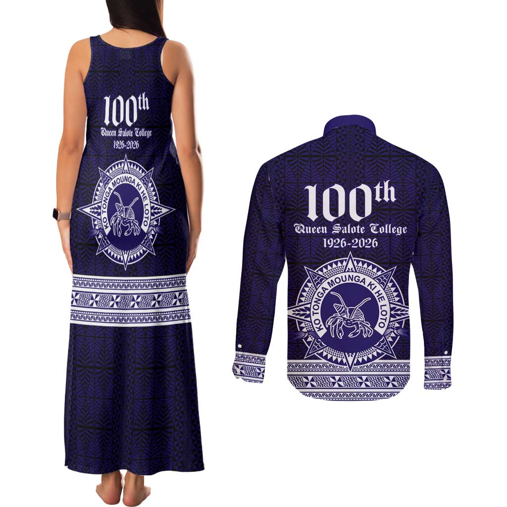 Tonga Queen Salote College 100 years Couples Matching Tank Maxi Dress and Long Sleeve Button Shirt QSC 1926-2026 Tongan Pattern