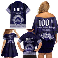 Tonga Queen Salote College 100 years Family Matching Off Shoulder Short Dress and Hawaiian Shirt QSC 1926-2026 Tongan Pattern LT9 - Polynesian Pride