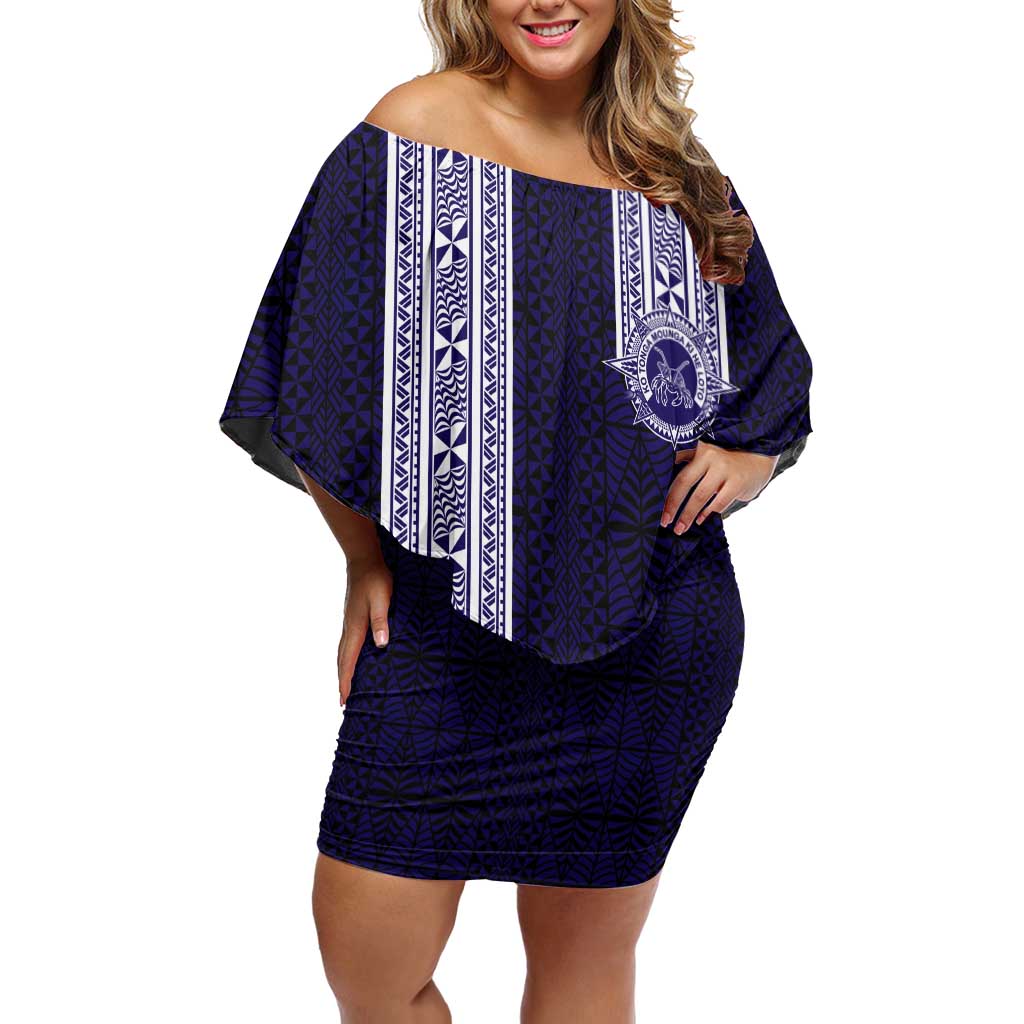 Tonga Queen Salote College 100 years Family Matching Off Shoulder Short Dress and Hawaiian Shirt QSC 1926-2026 Tongan Pattern LT9 Mom's Dress Blue - Polynesian Pride