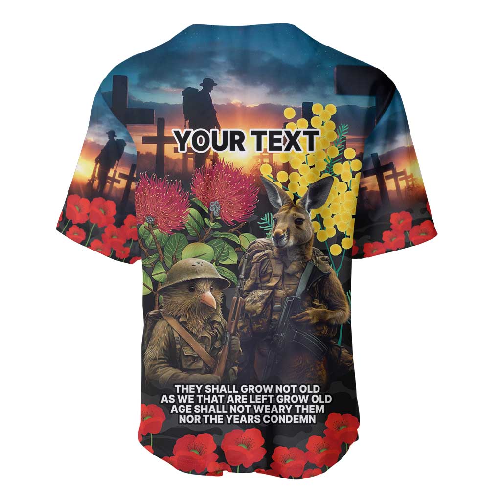 Kangaroo-Kiwi Soldier ANZAC Personalised Baseball Jersey Golden Wattle and Pohutukawa Flowers LT9 - Polynesian Pride