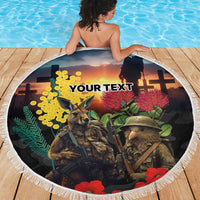 Kangaroo-Kiwi Soldier ANZAC Personalised Beach Blanket Golden Wattle and Pohutukawa Flowers