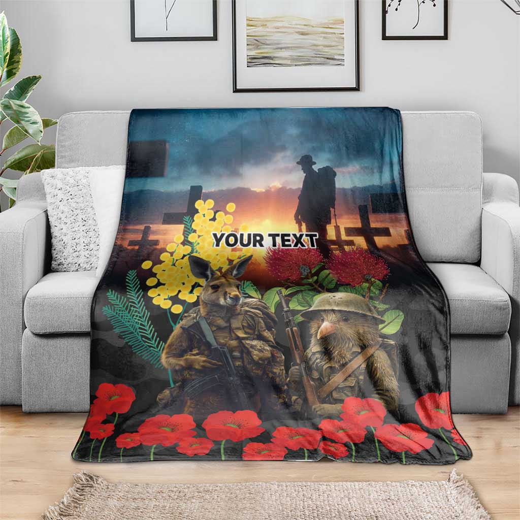 Kangaroo-Kiwi Soldier ANZAC Personalised Blanket Golden Wattle and Pohutukawa Flowers