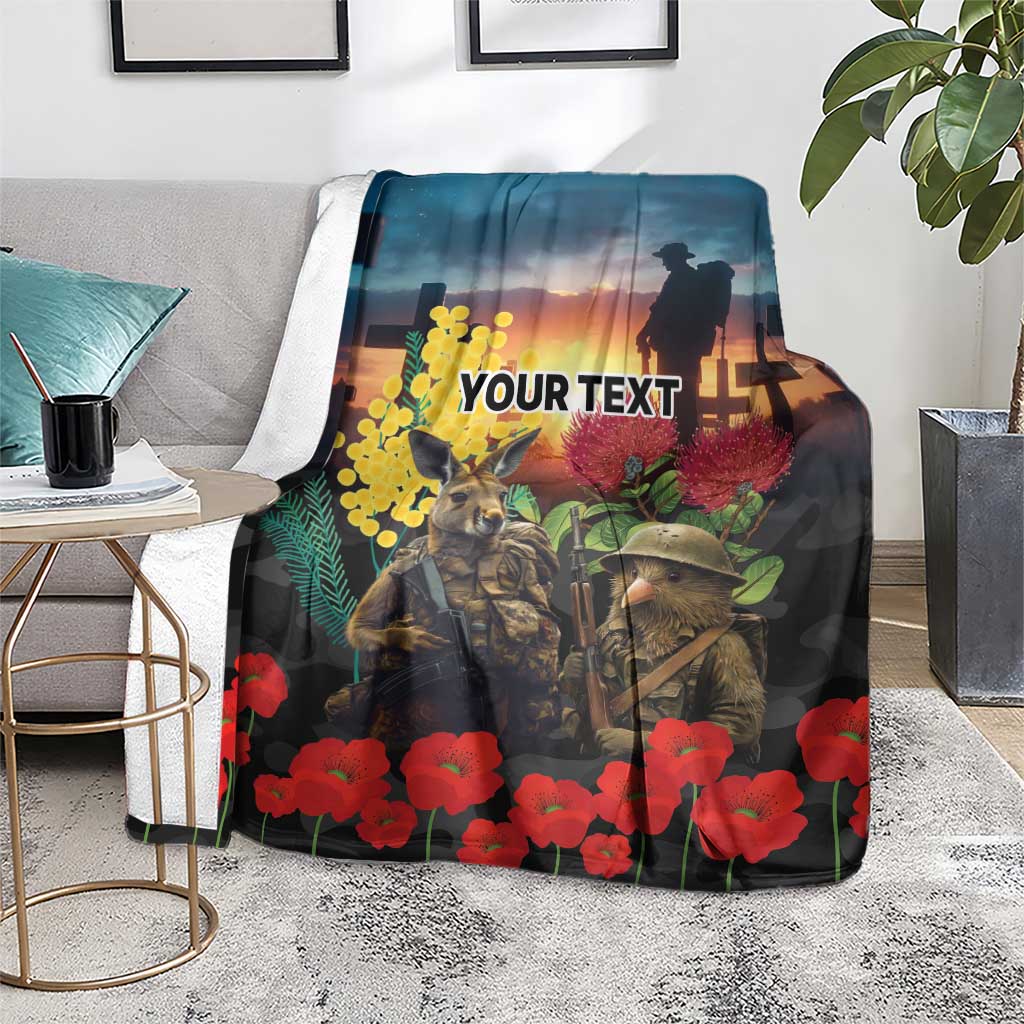 Kangaroo-Kiwi Soldier ANZAC Personalised Blanket Golden Wattle and Pohutukawa Flowers