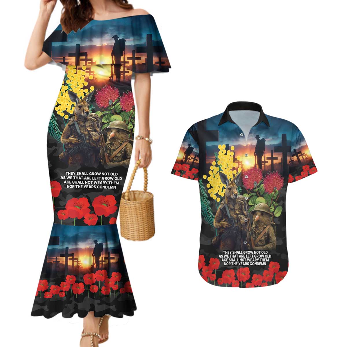 Kangaroo-Kiwi Soldier ANZAC Personalised Couples Matching Mermaid Dress and Hawaiian Shirt Golden Wattle and Pohutukawa Flowers