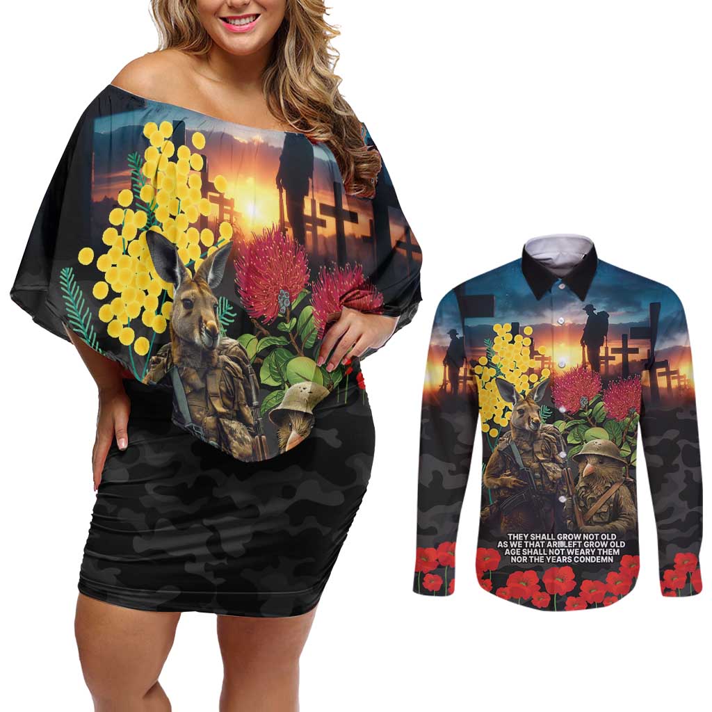 Kangaroo-Kiwi Soldier ANZAC Personalised Couples Matching Off Shoulder Short Dress and Long Sleeve Button Shirt Golden Wattle and Pohutukawa Flowers LT9 Black - Polynesian Pride