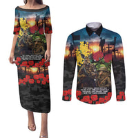 Kangaroo-Kiwi Soldier ANZAC Personalised Couples Matching Puletasi and Long Sleeve Button Shirt Golden Wattle and Pohutukawa Flowers LT9 Black - Polynesian Pride