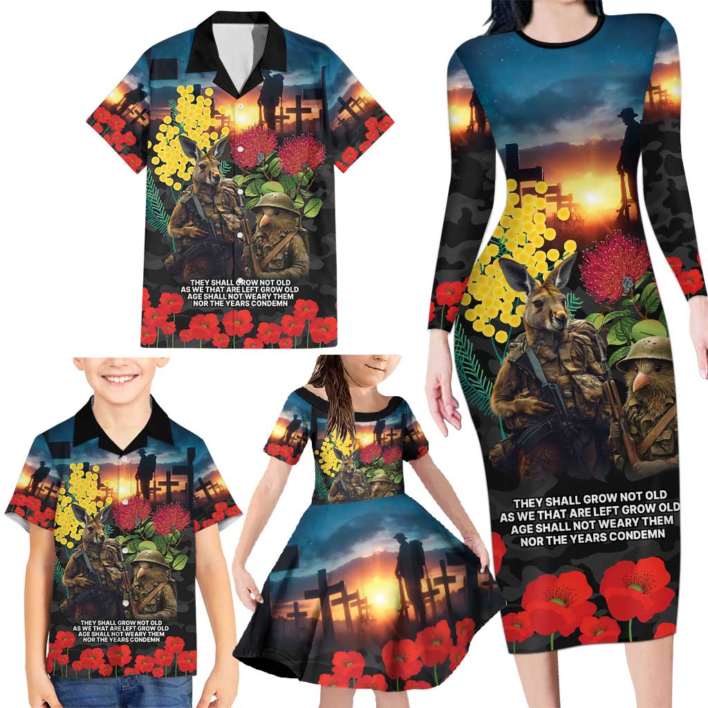 Kangaroo-Kiwi Soldier ANZAC Personalised Family Matching Long Sleeve Bodycon Dress and Hawaiian Shirt Golden Wattle and Pohutukawa Flowers LT9 - Polynesian Pride
