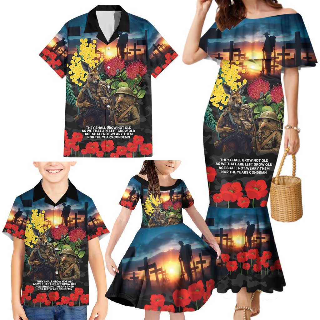 Kangaroo-Kiwi Soldier ANZAC Personalised Family Matching Mermaid Dress and Hawaiian Shirt Golden Wattle and Pohutukawa Flowers LT9 - Polynesian Pride