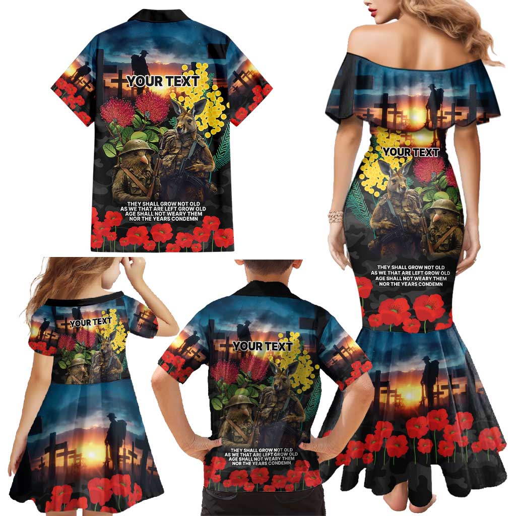 Kangaroo-Kiwi Soldier ANZAC Personalised Family Matching Mermaid Dress and Hawaiian Shirt Golden Wattle and Pohutukawa Flowers LT9 - Polynesian Pride