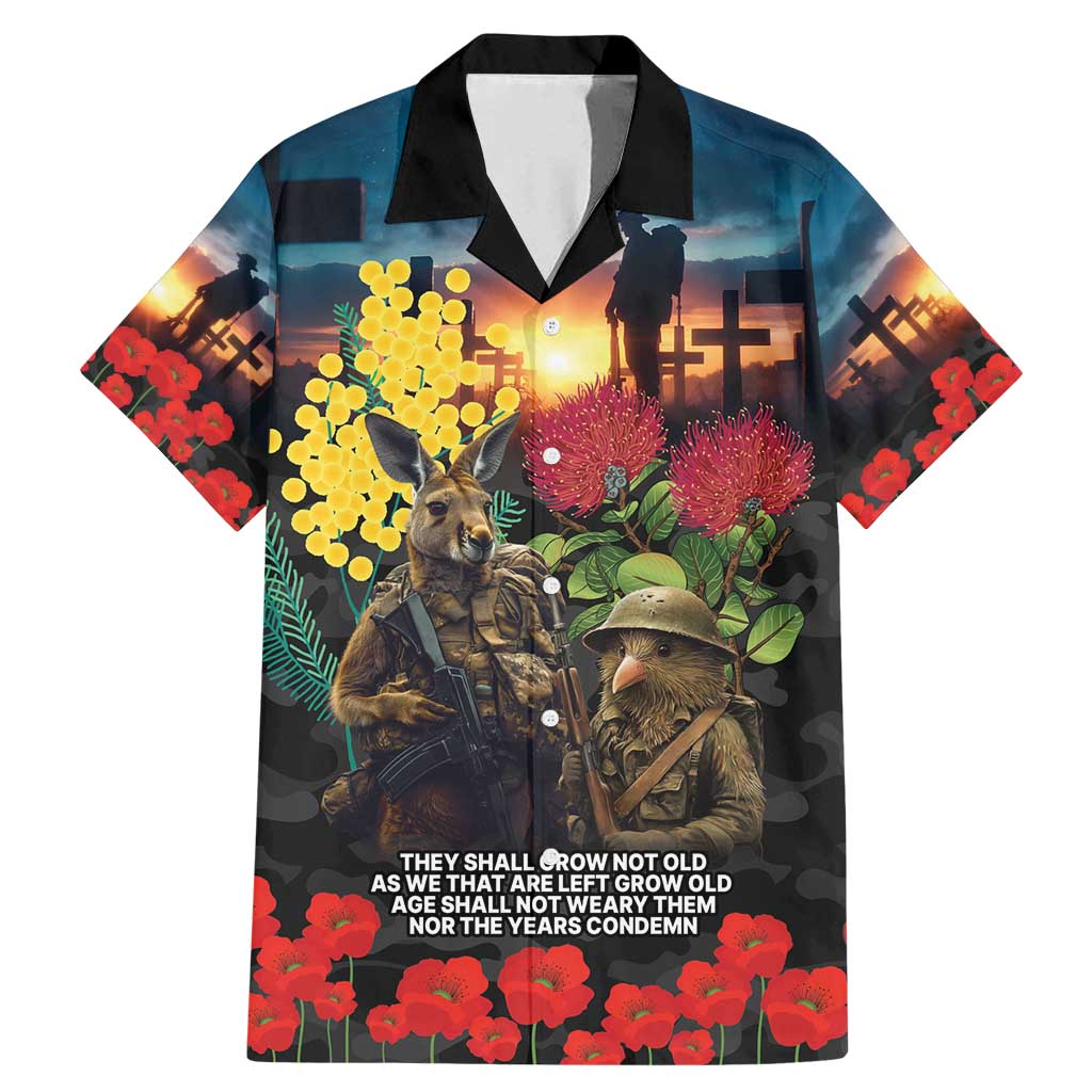 Kangaroo-Kiwi Soldier ANZAC Personalised Family Matching Mermaid Dress and Hawaiian Shirt Golden Wattle and Pohutukawa Flowers LT9 Dad's Shirt - Short Sleeve Black - Polynesian Pride