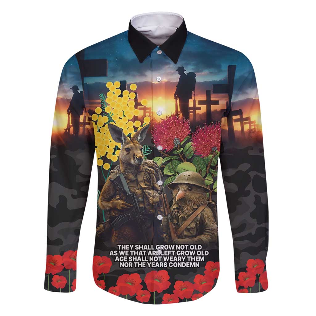 Kangaroo-Kiwi Soldier ANZAC Personalised Family Matching Mermaid Dress and Hawaiian Shirt Golden Wattle and Pohutukawa Flowers LT9 Dad's Shirt - Long Sleeve Black - Polynesian Pride