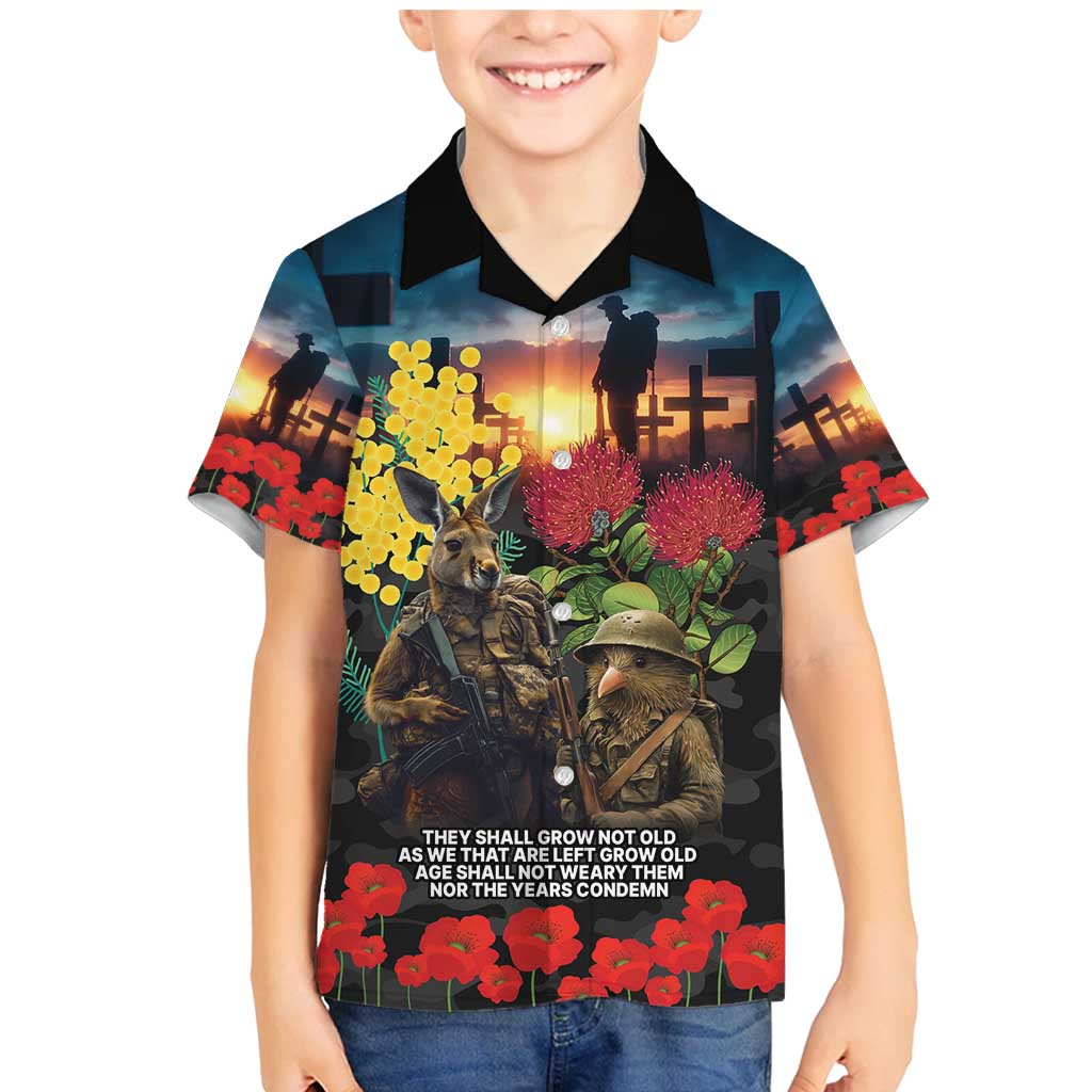 Kangaroo-Kiwi Soldier ANZAC Personalised Family Matching Mermaid Dress and Hawaiian Shirt Golden Wattle and Pohutukawa Flowers LT9 Son's Shirt Black - Polynesian Pride